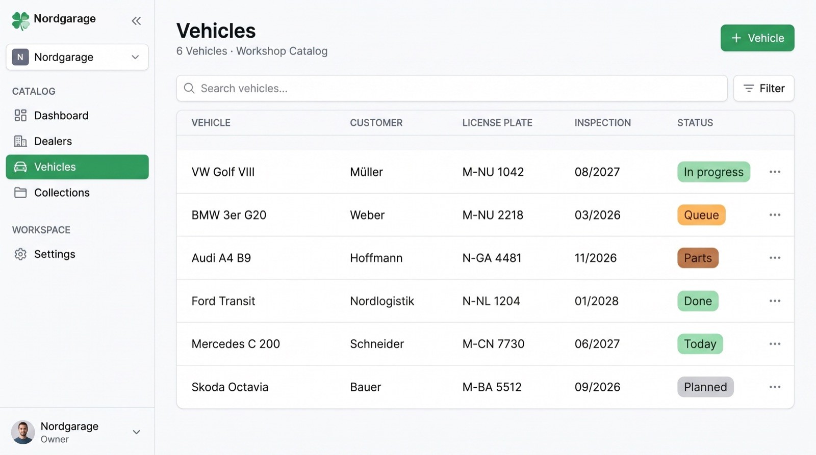 Sample workshop catalog in CloverNut, Nordgarage, six vehicles.